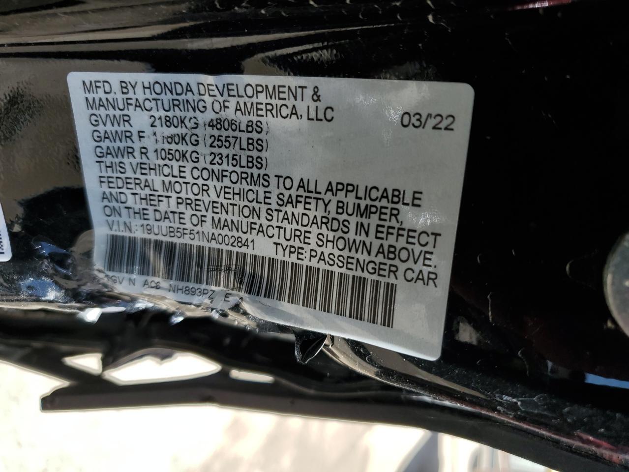 19UUB5F51NA002841 2022 Acura Tlx Tech A