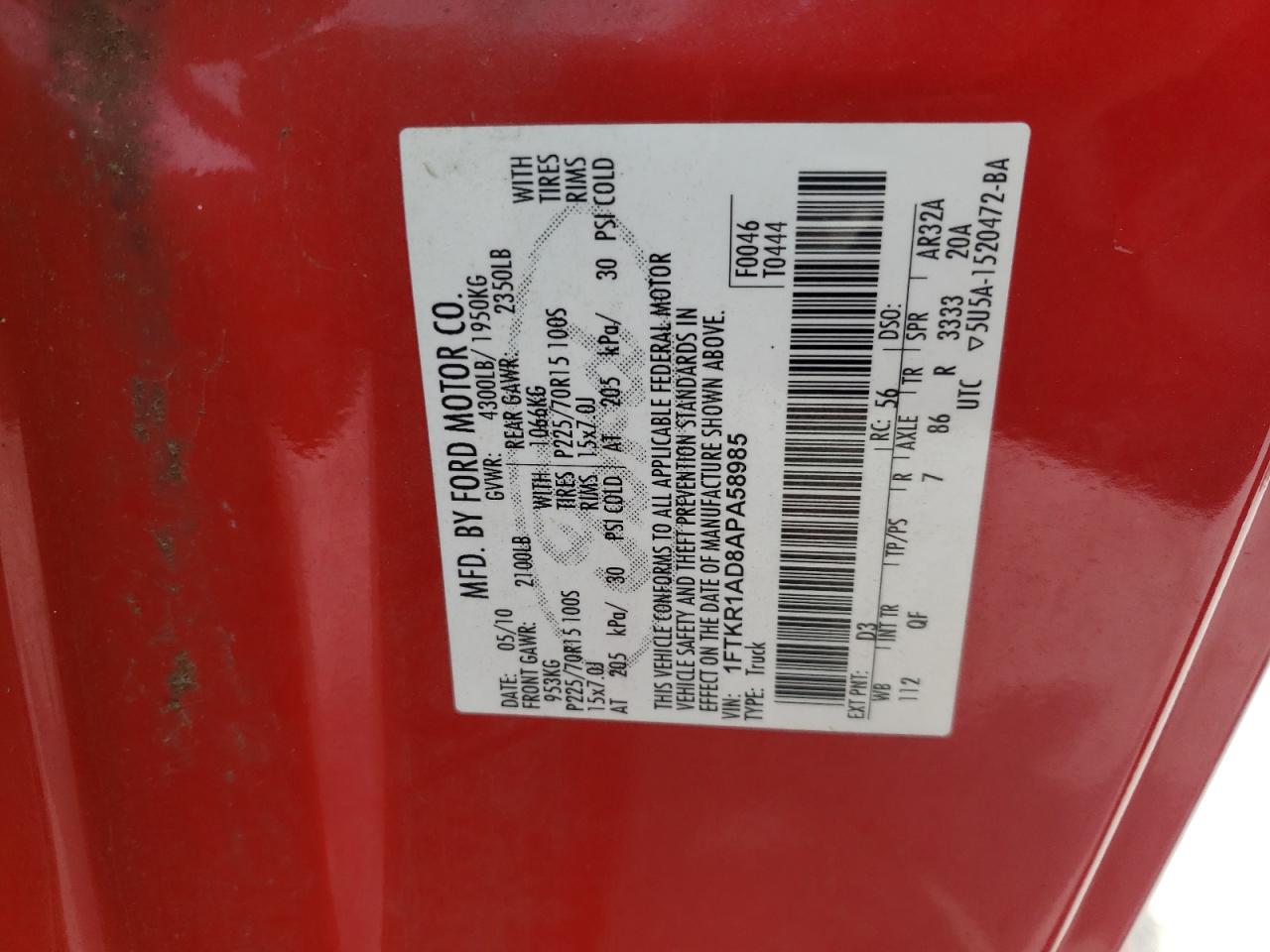1FTKR1AD8APA58985 2010 Ford Ranger