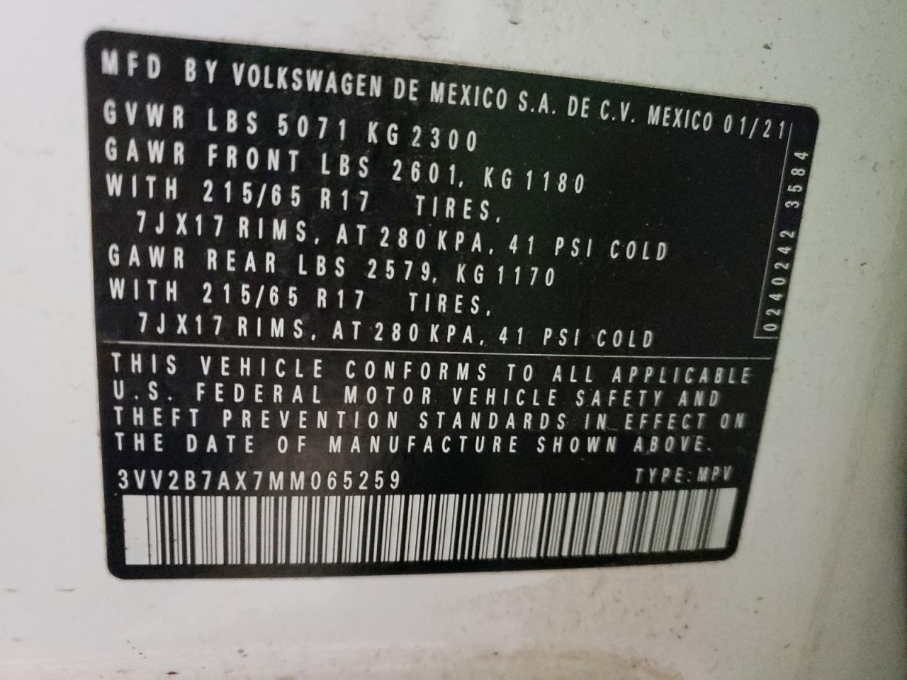 3VV2B7AX7MM065259 2021 Volkswagen Tiguan Se