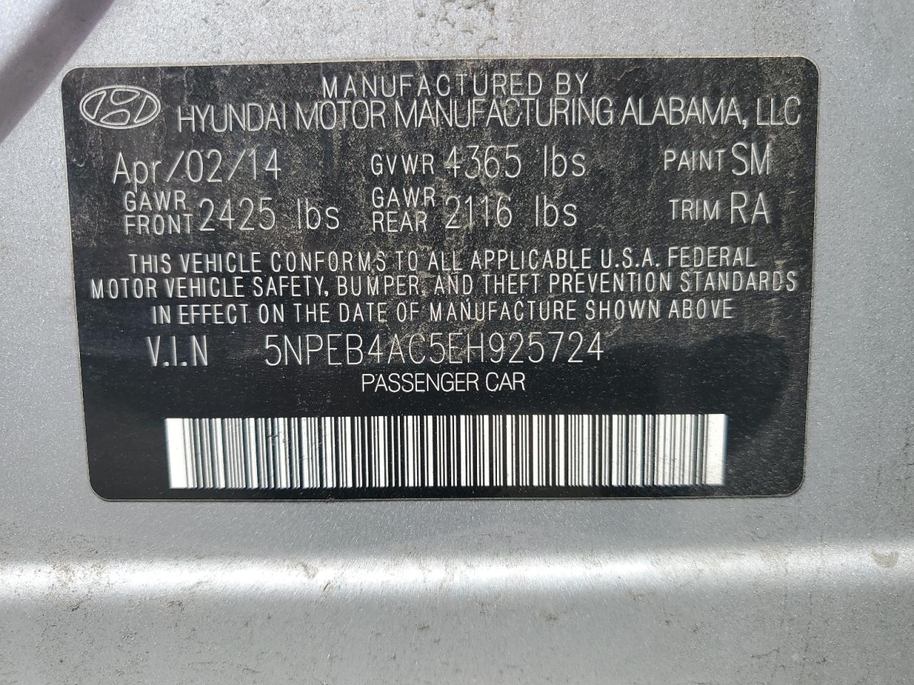 5NPEB4AC5EH925724 2014 Hyundai Sonata Gls