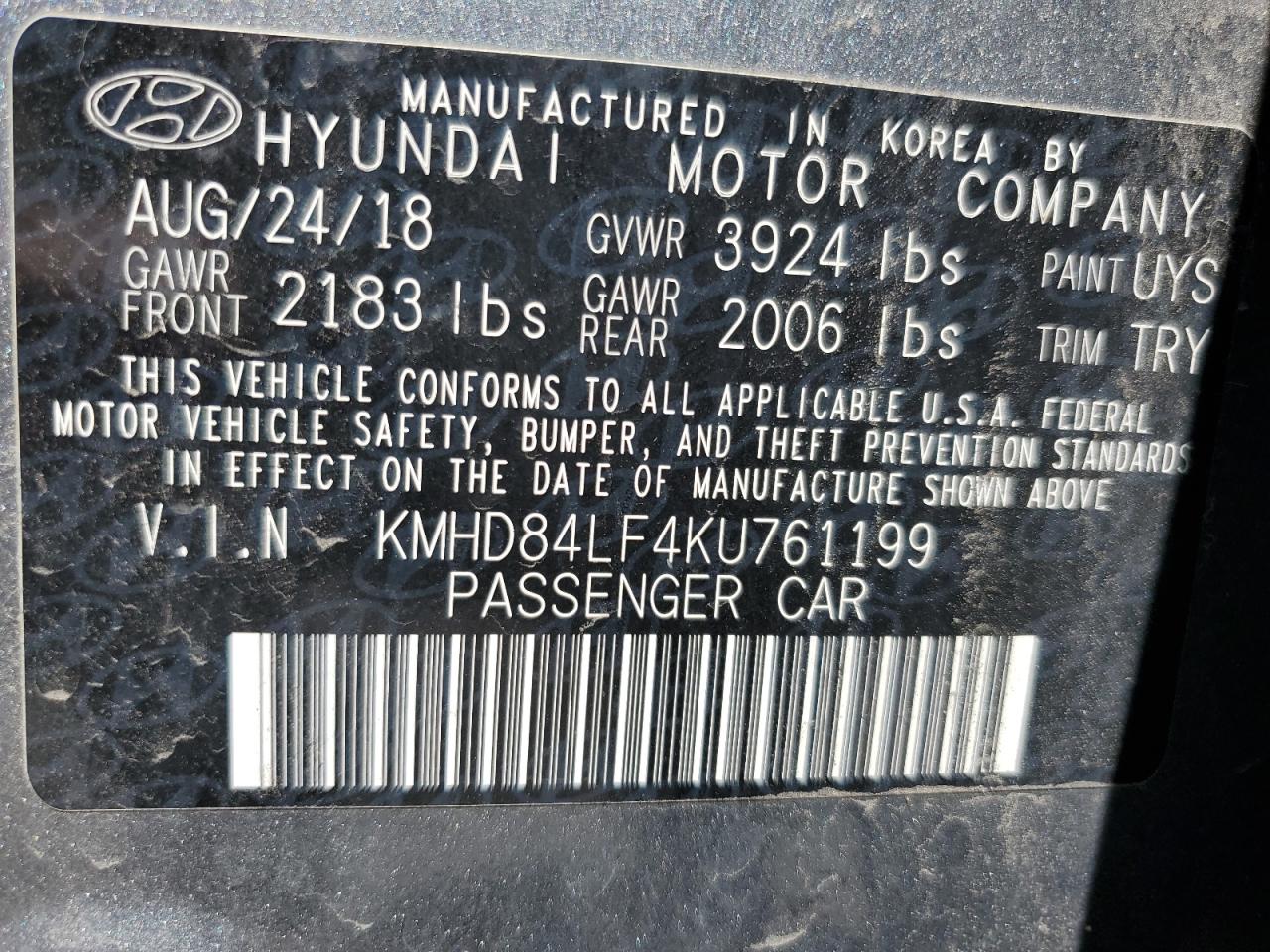 KMHD84LF4KU761199 2019 Hyundai Elantra Sel