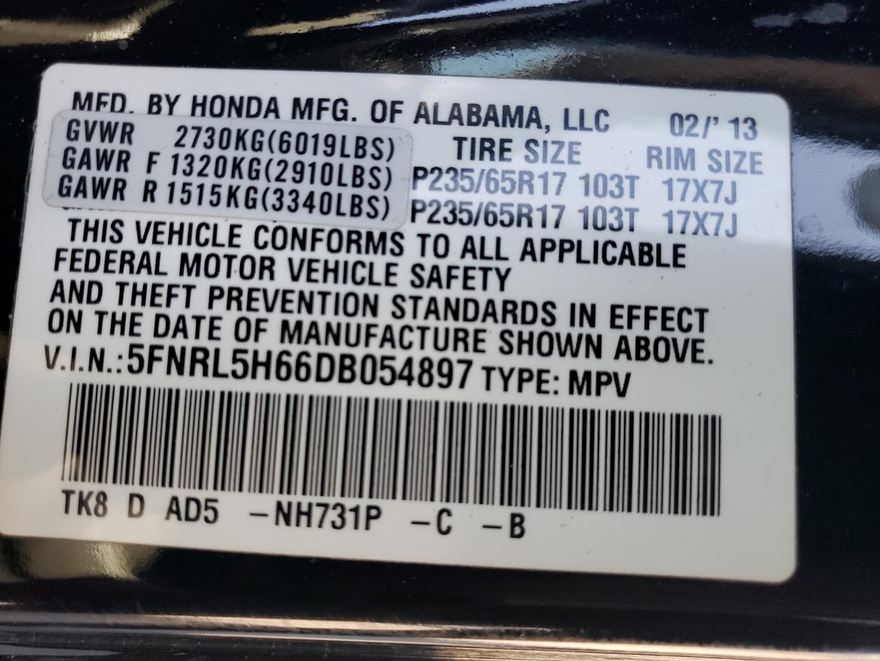 5FNRL5H66DB054897 2013 Honda Odyssey Exl