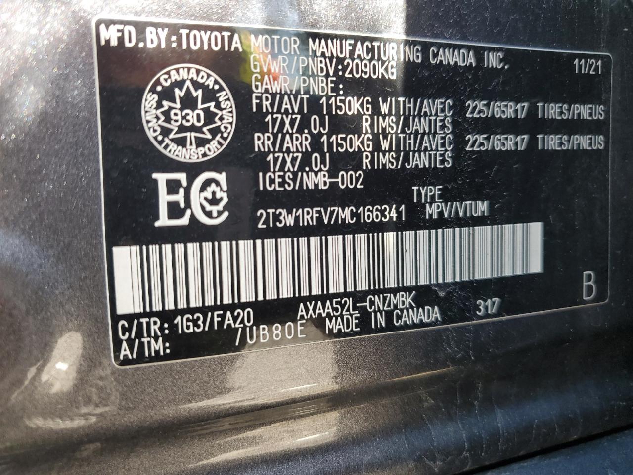 2T3W1RFV7MC166341 2021 Toyota Rav4 Xle