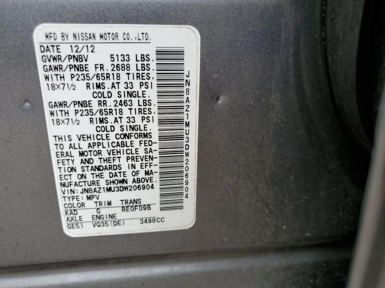 JN8AZ1MU3DW206904 2013 Nissan Murano S