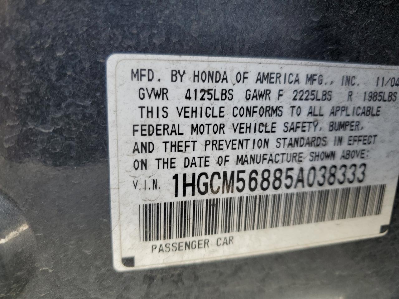 1HGCM56885A038333 2005 Honda Accord Ex