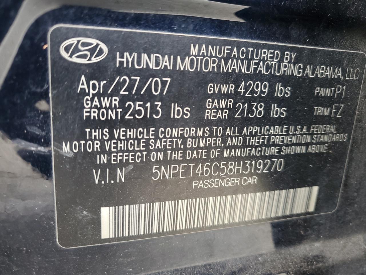 5NPET46C58H319270 2008 Hyundai Sonata Gls