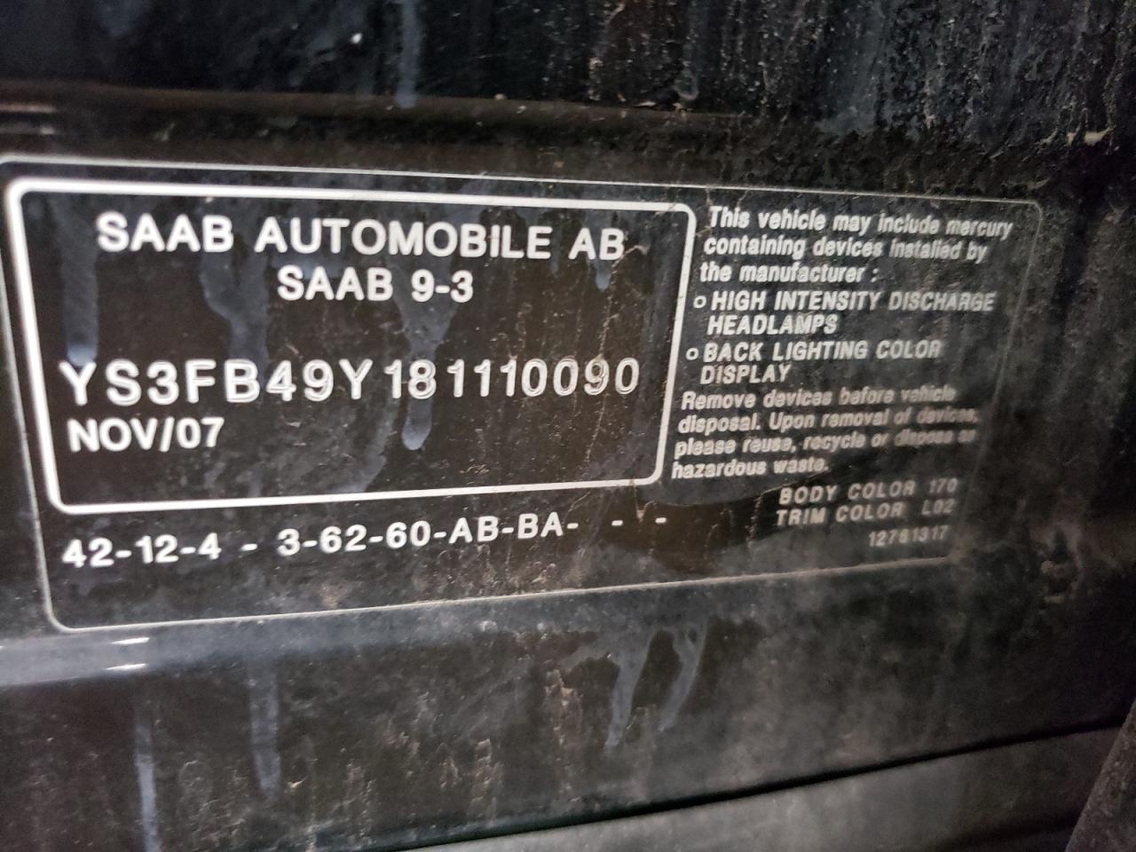 YS3FB49Y181110090 2008 Saab 9-3 2.0T