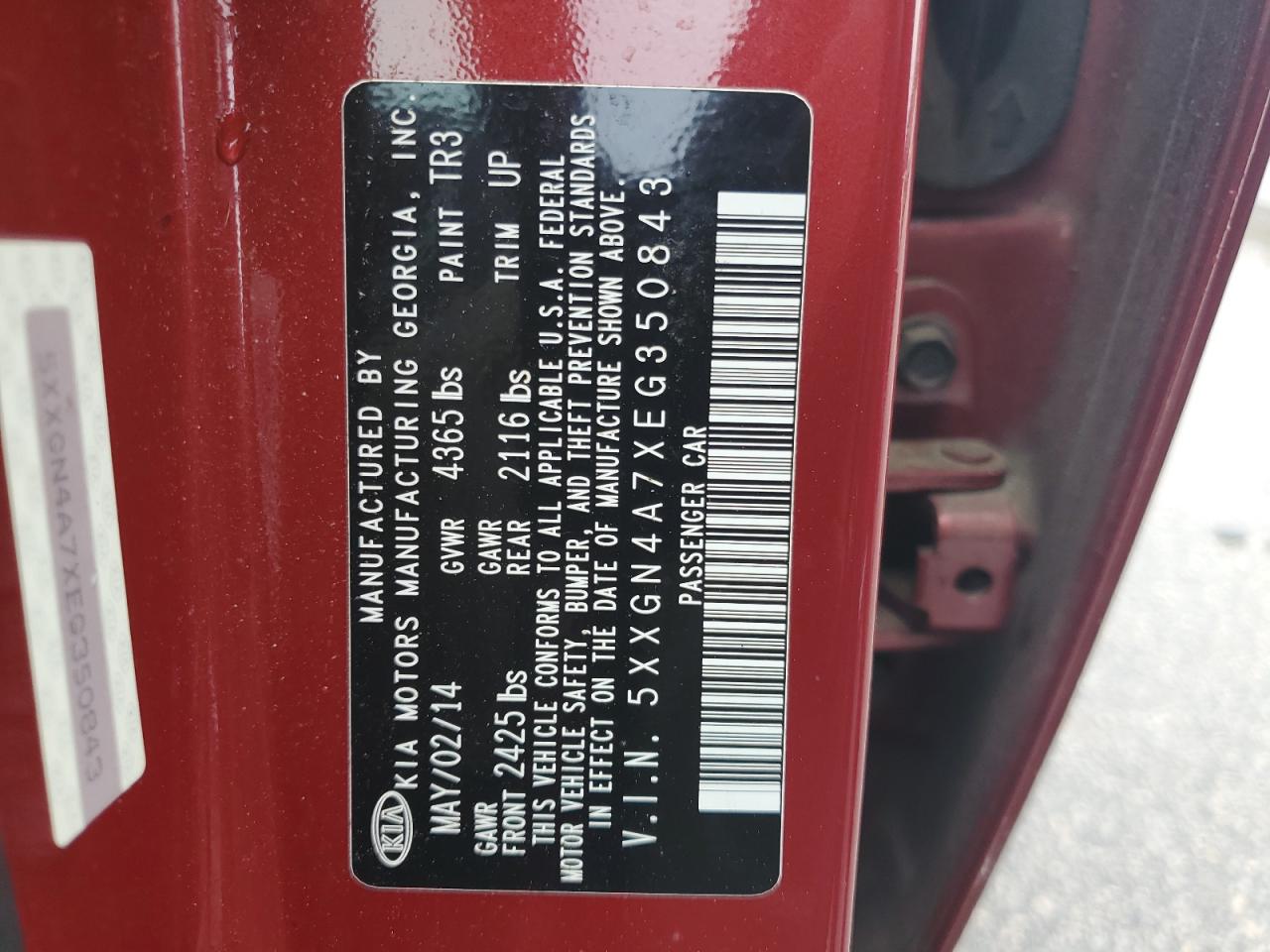 5XXGN4A7XEG350843 2014 Kia Optima Ex