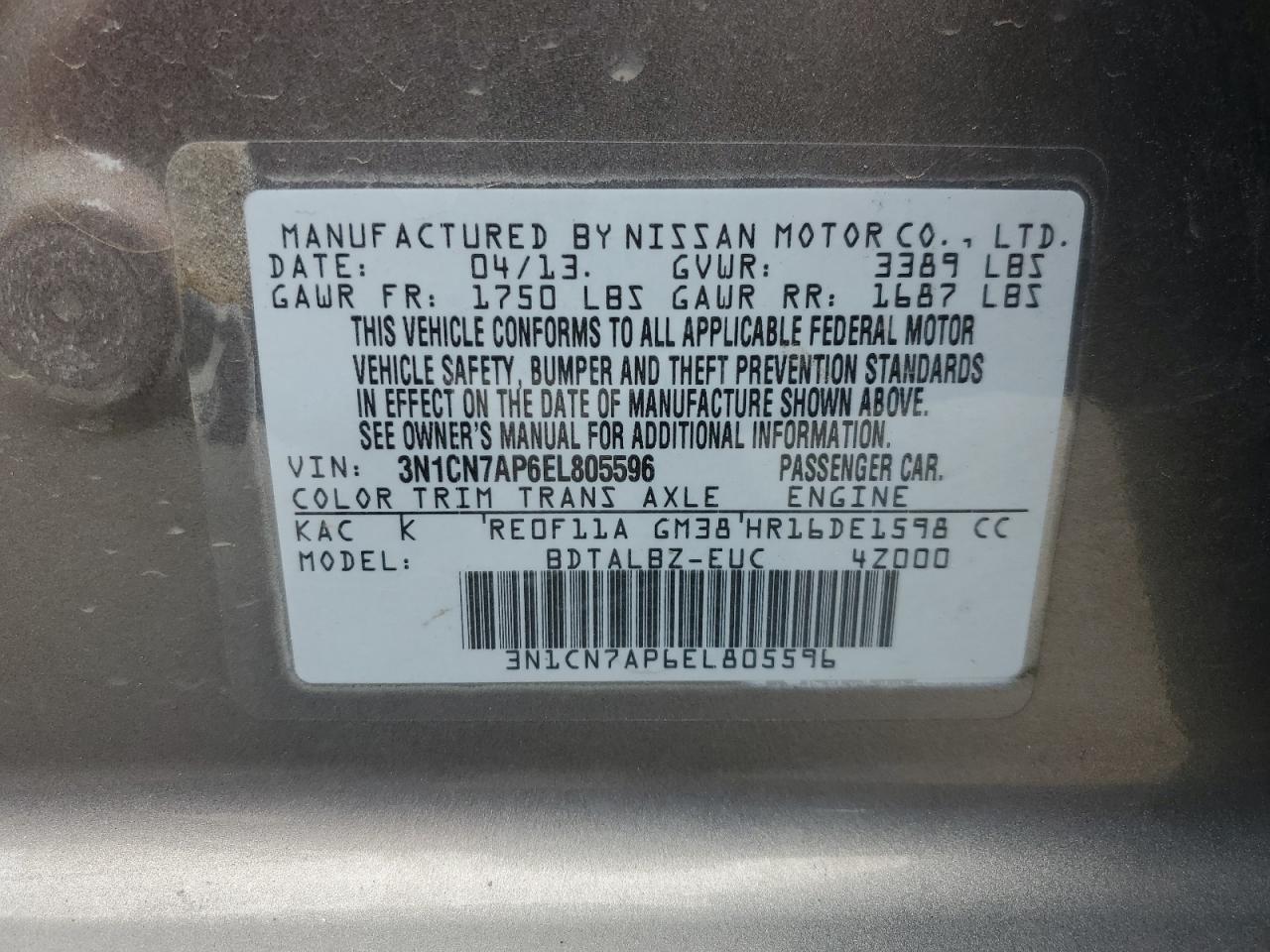 3N1CN7AP6EL805596 2014 Nissan Versa S