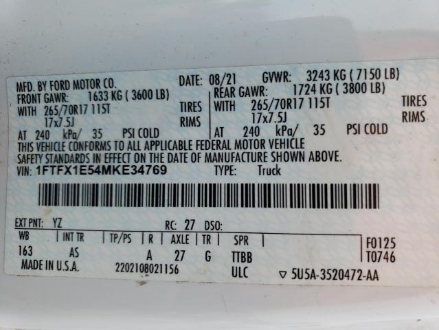 2021 Ford F150 Super Cab VIN: 1FTFX1E54MKE34769 Lot: 55858664