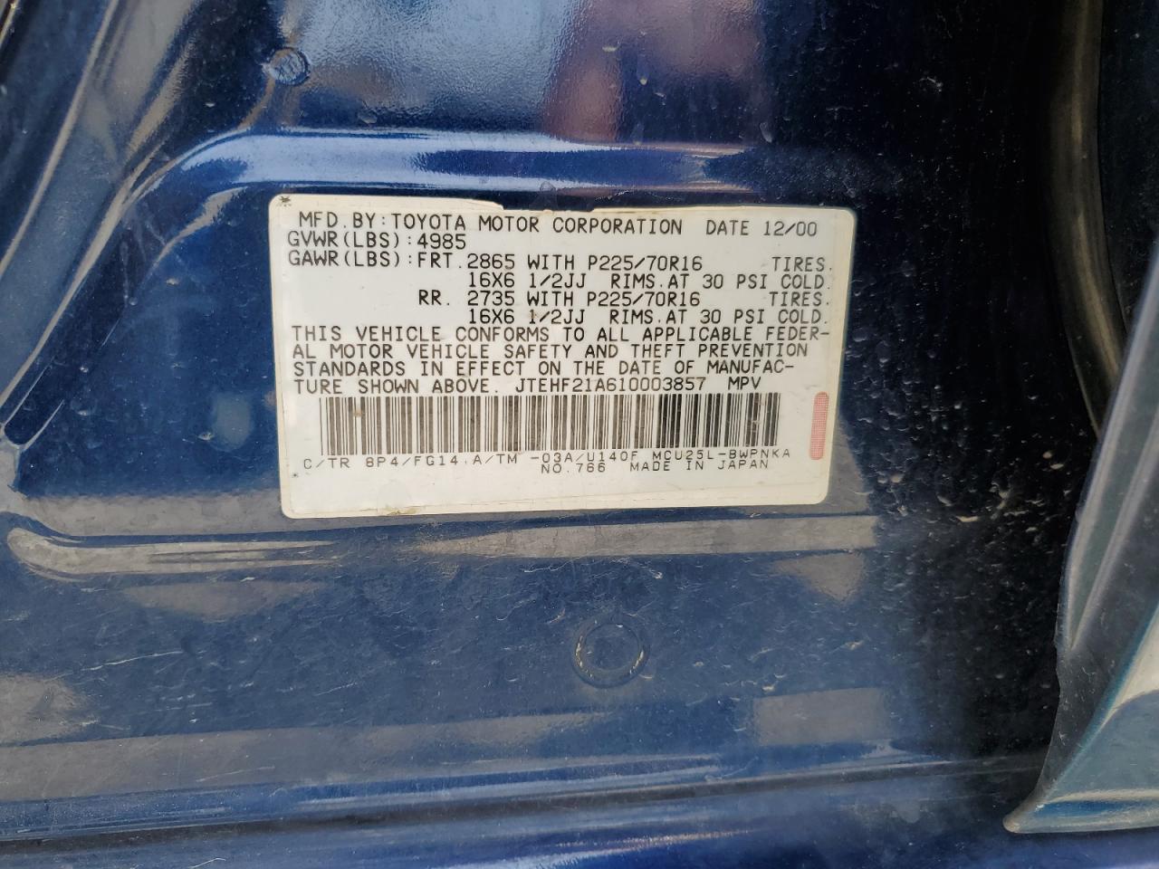 JTEHF21A610003857 2001 Toyota Highlander