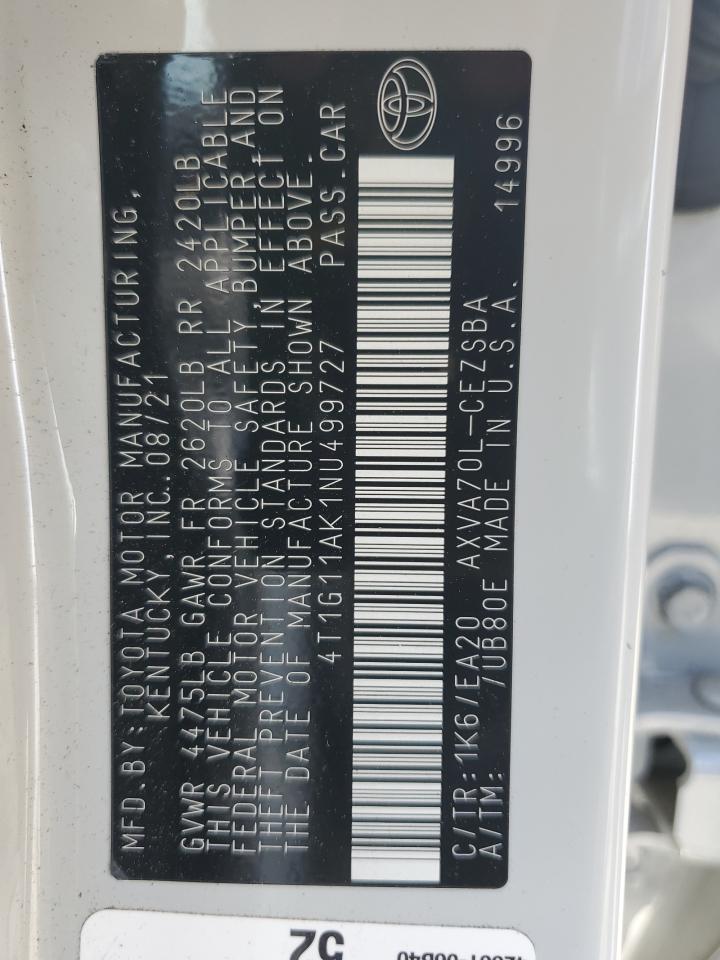 4T1G11AK1NU499727 2022 Toyota Camry Se