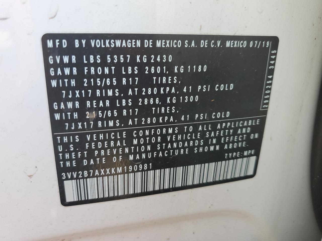 3VV2B7AXXKM190981 2019 Volkswagen Tiguan Se