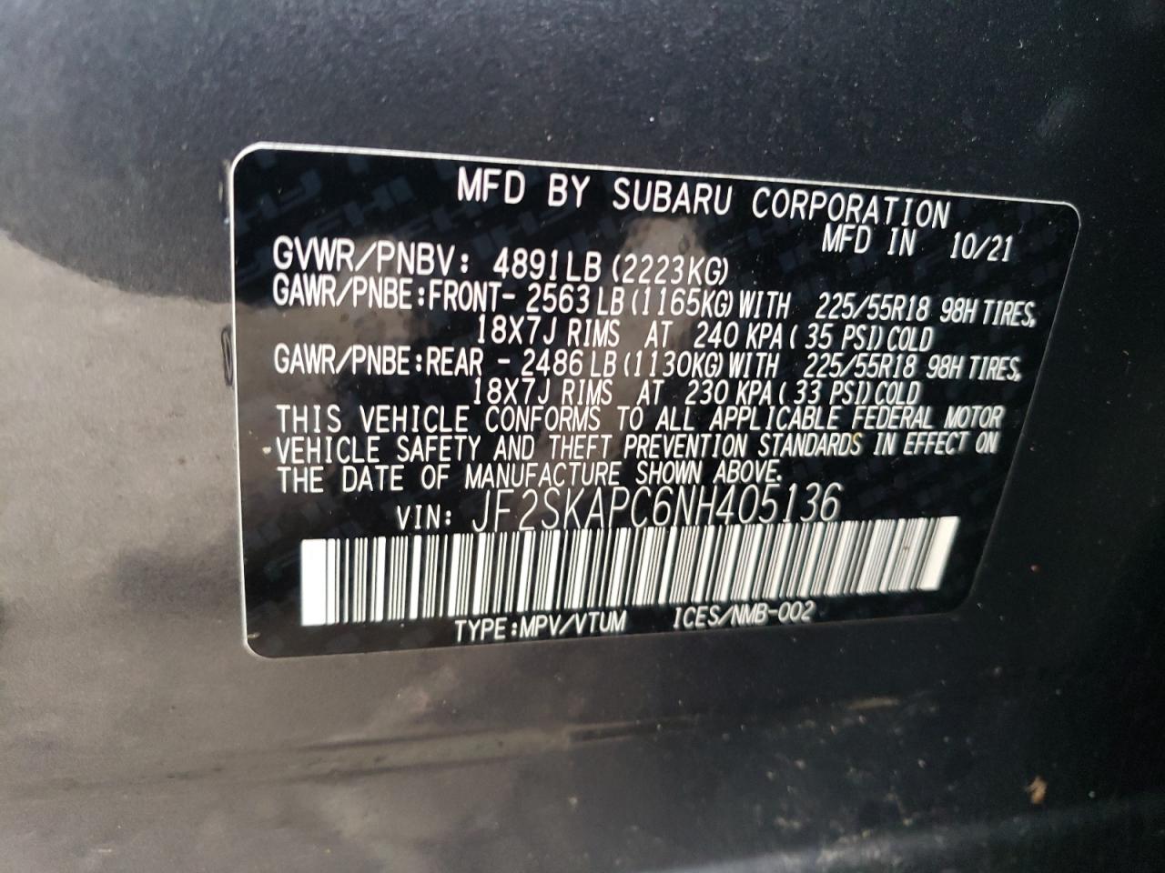 JF2SKAPC6NH405136 2022 Subaru Forester Limited