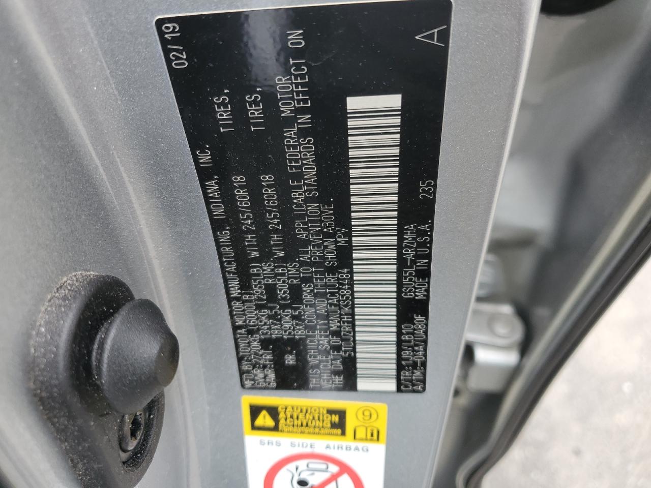 5TDJZRFH1KS584484 2019 Toyota Highlander Se