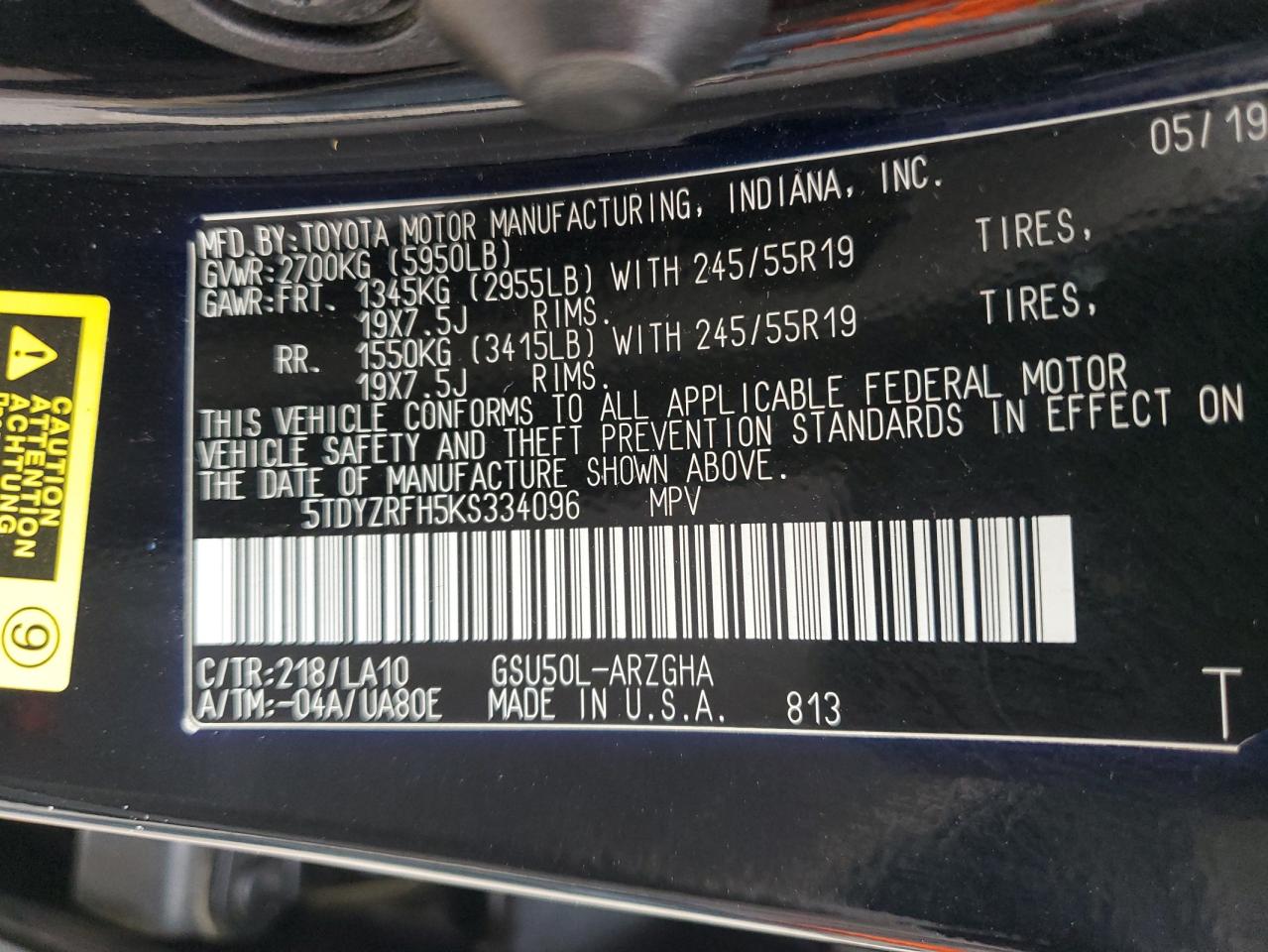 5TDYZRFH5KS334096 2019 Toyota Highlander Limited Platinum