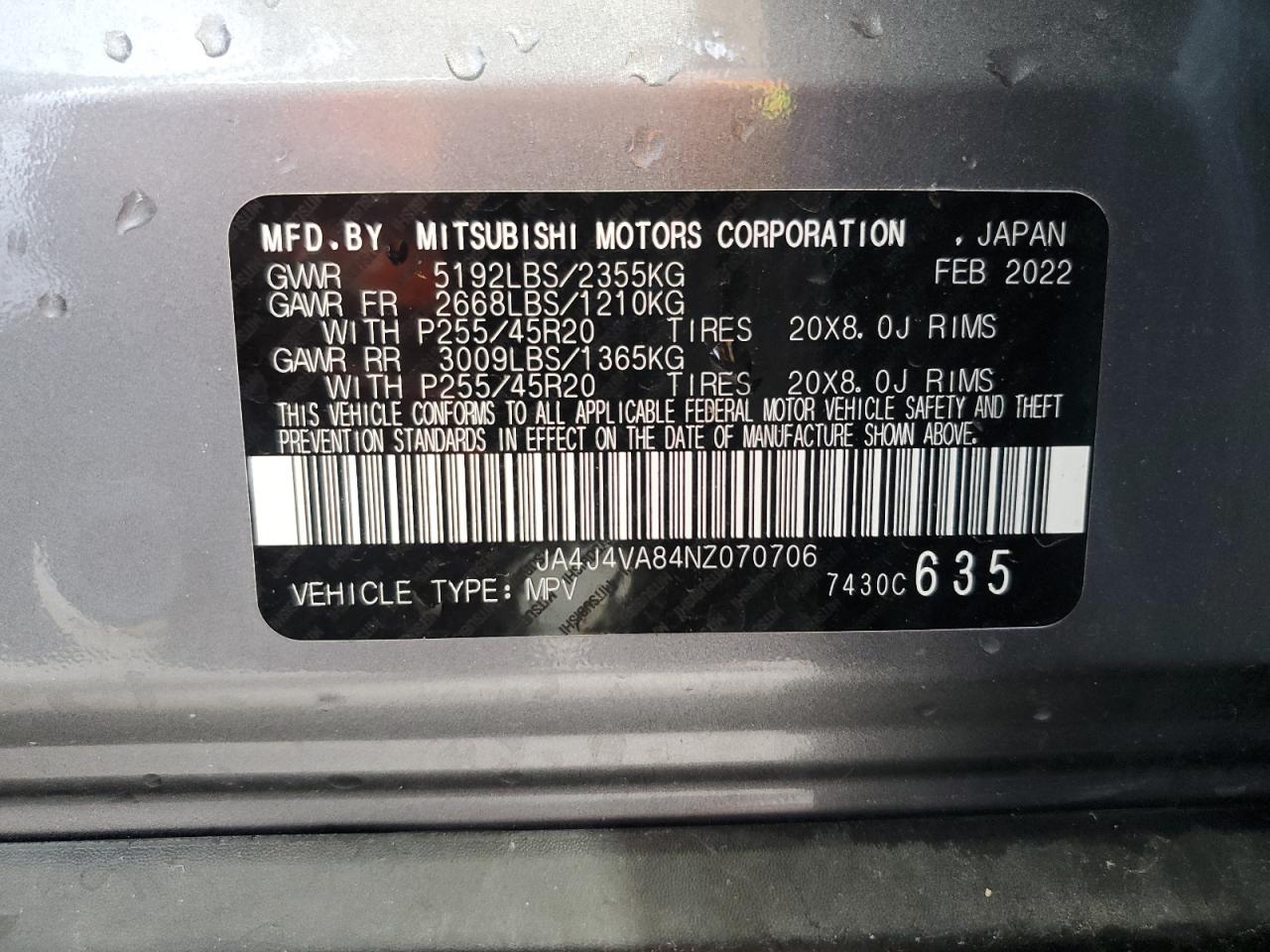 JA4J4VA84NZ070706 2022 Mitsubishi Outlander Sel