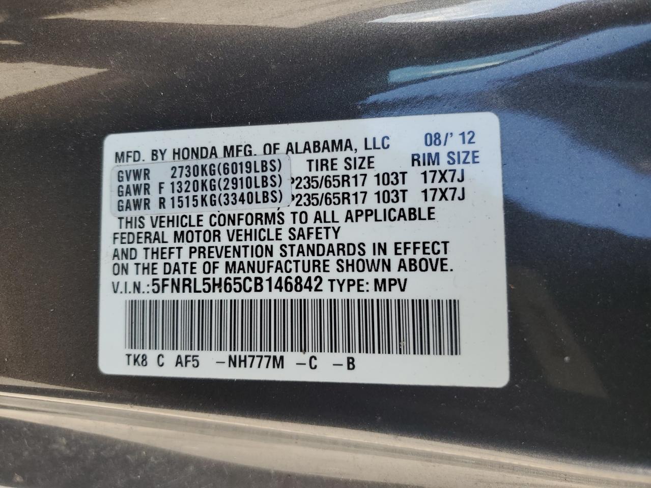 5FNRL5H65CB146842 2012 Honda Odyssey Exl