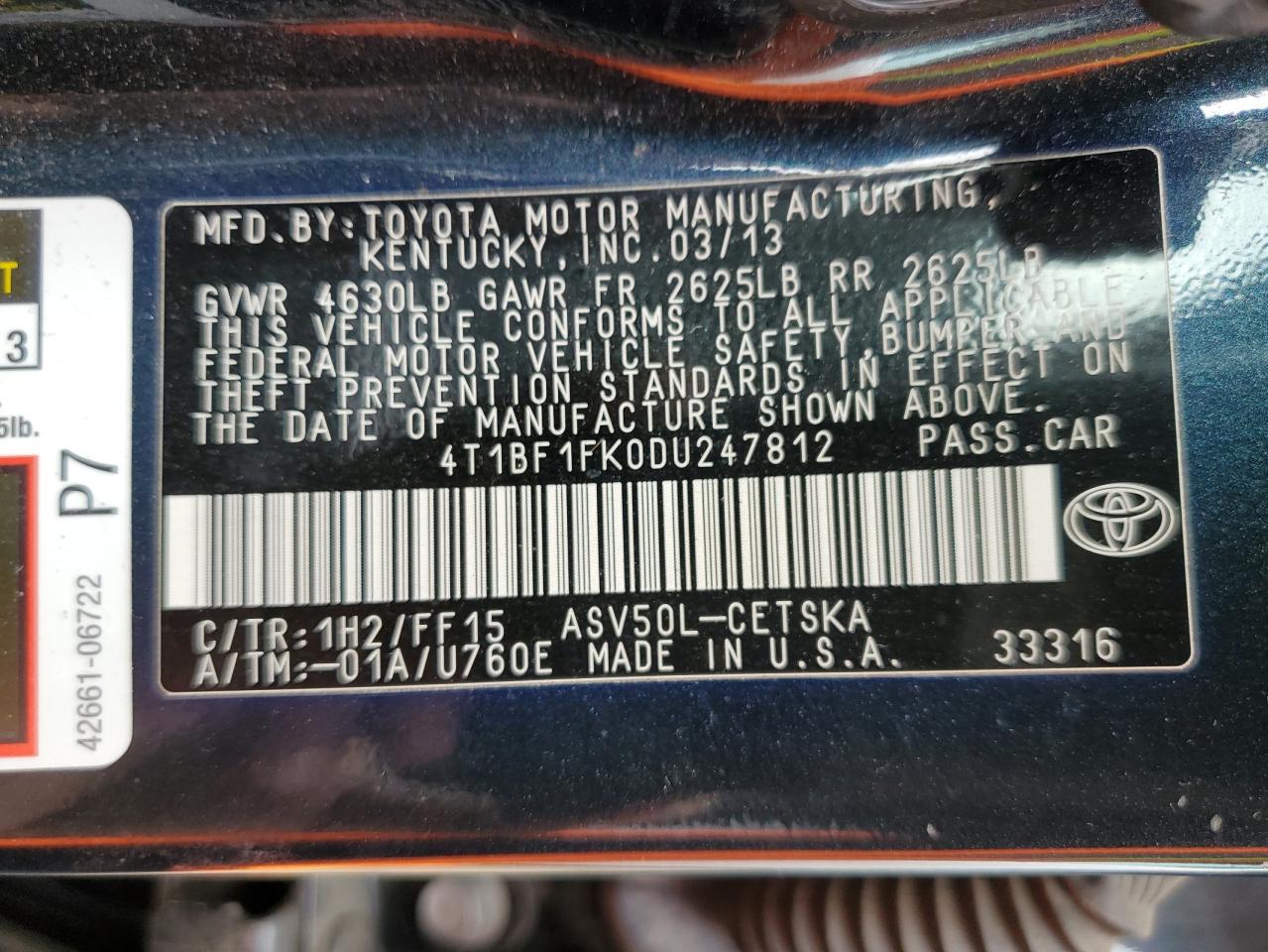 4T1BF1FK0DU247812 2013 Toyota Camry L