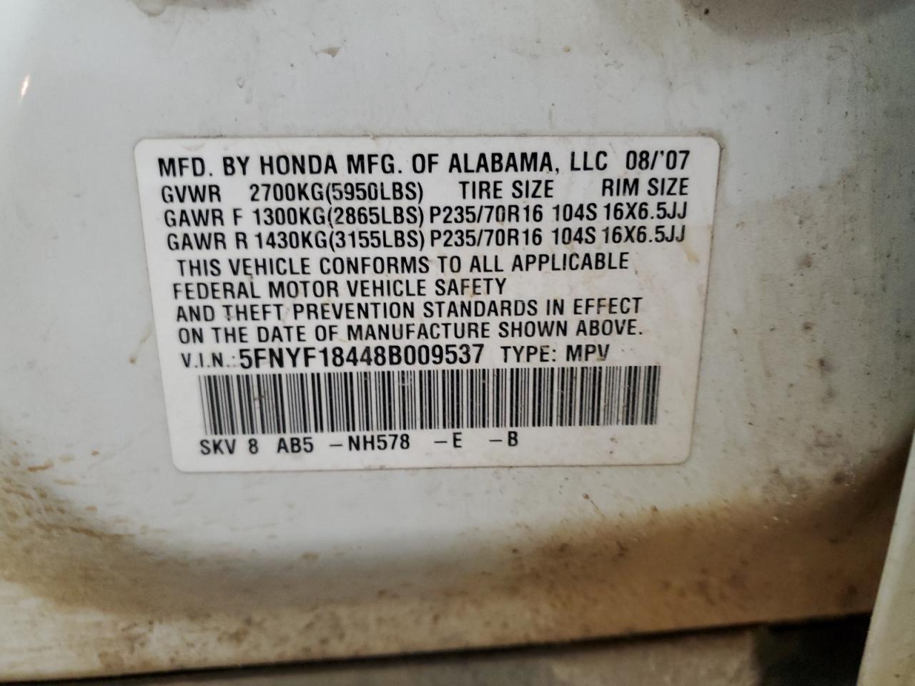 5FNYF18448B009537 2008 Honda Pilot Ex