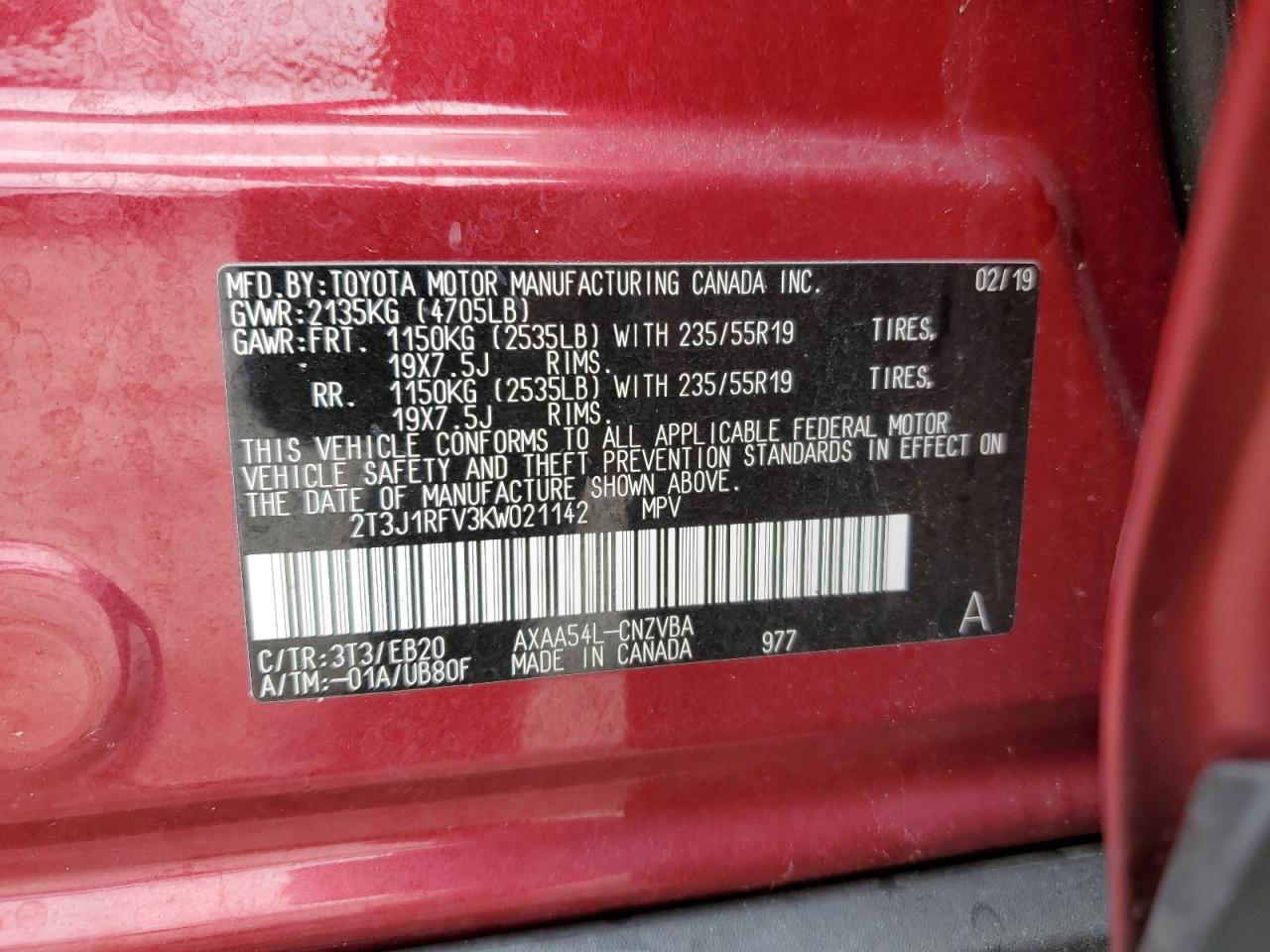 2T3J1RFV3KW021142 2019 Toyota Rav4 Adventure