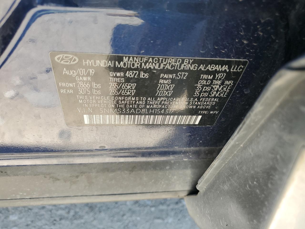 5NMS33AD8LH154317 2020 Hyundai Santa Fe Sel