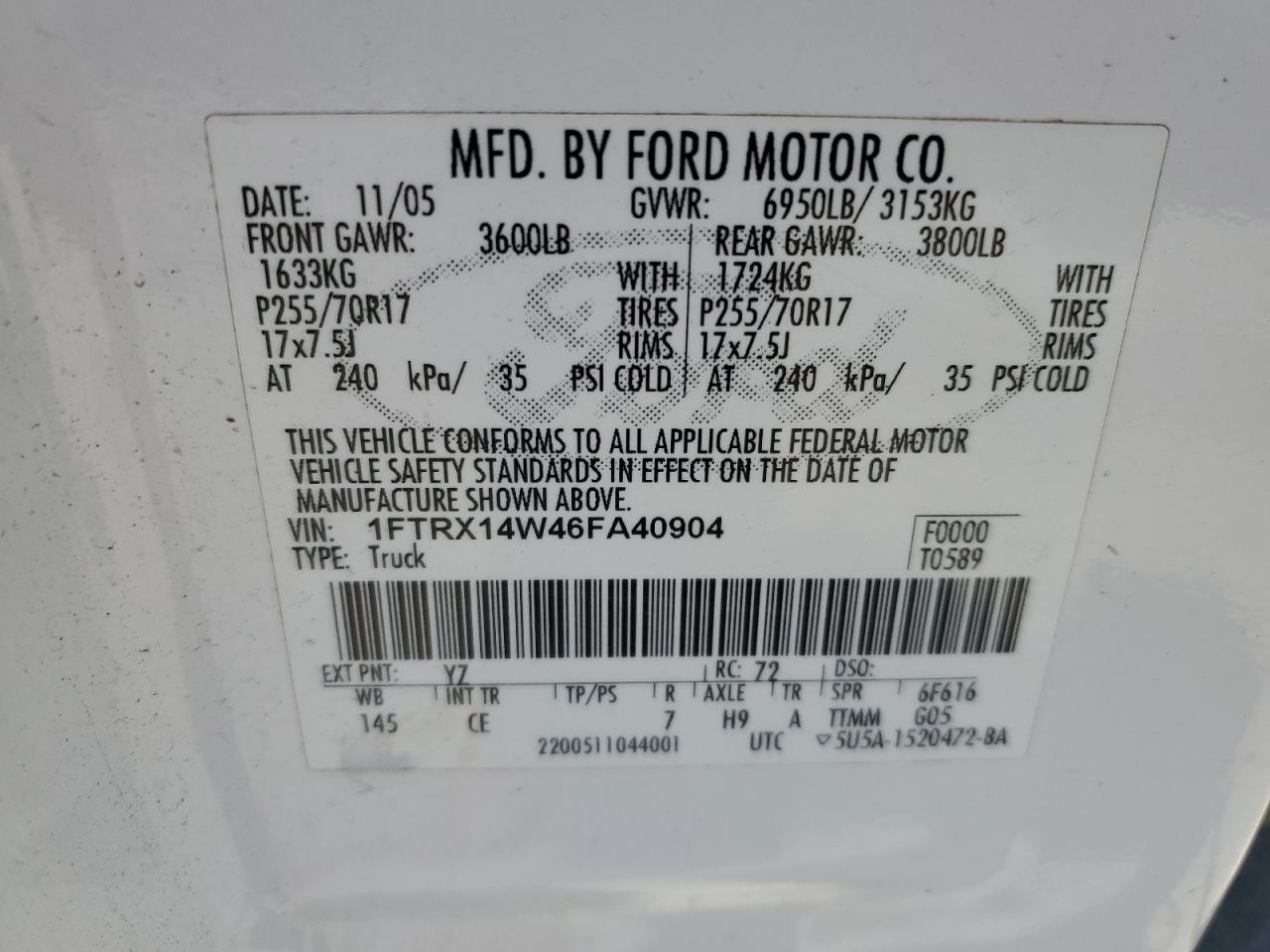 1FTRX14W46FA40904 2006 Ford F150