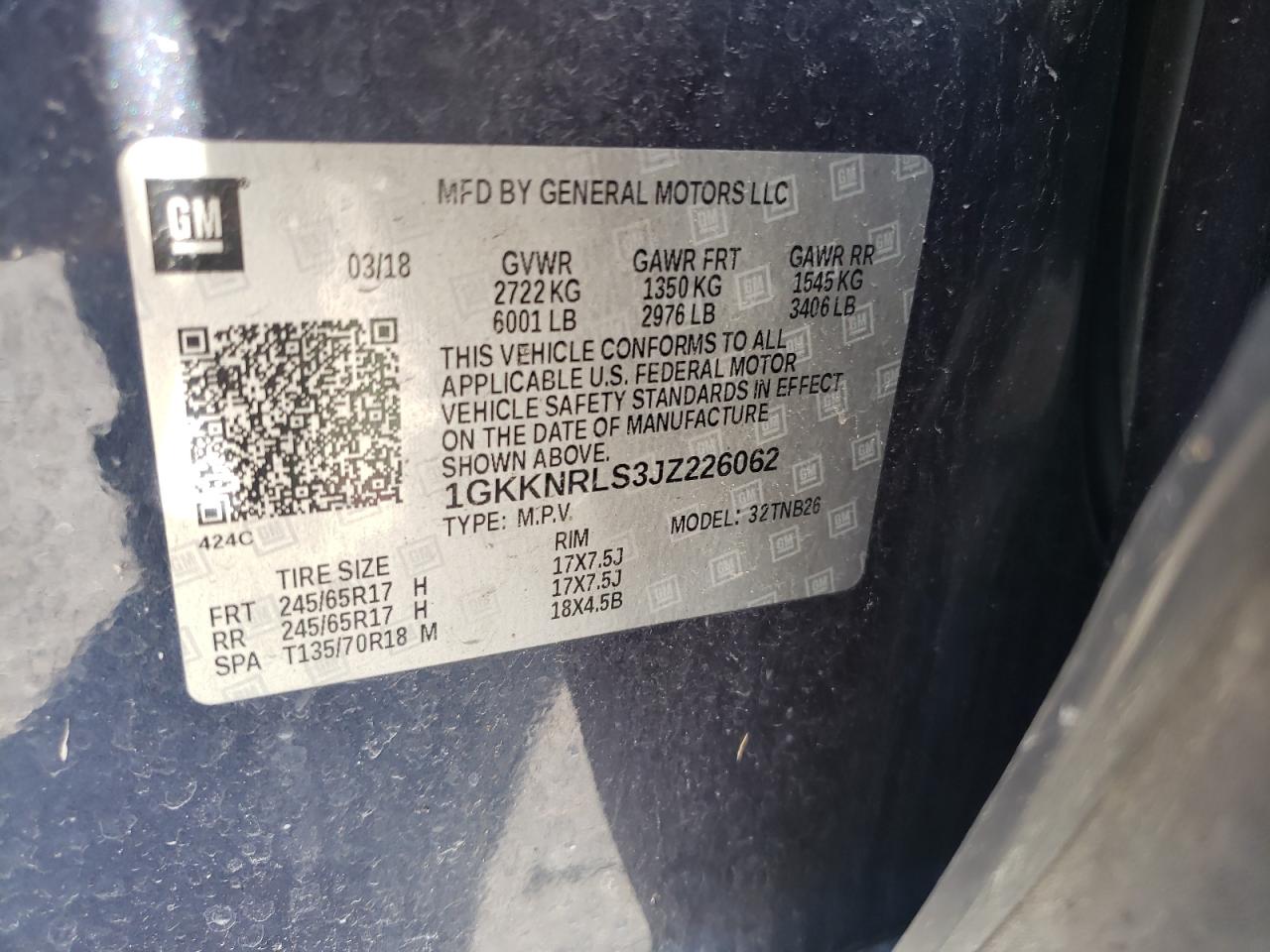 1GKKNRLS3JZ226062 2018 GMC Acadia Sle