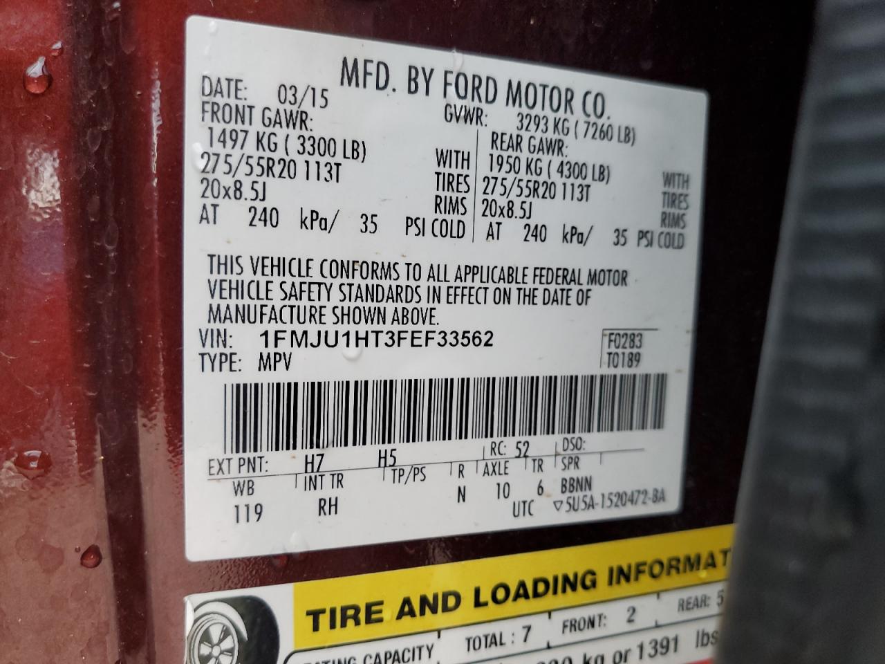 1FMJU1HT3FEF33562 2015 Ford Expedition Xlt