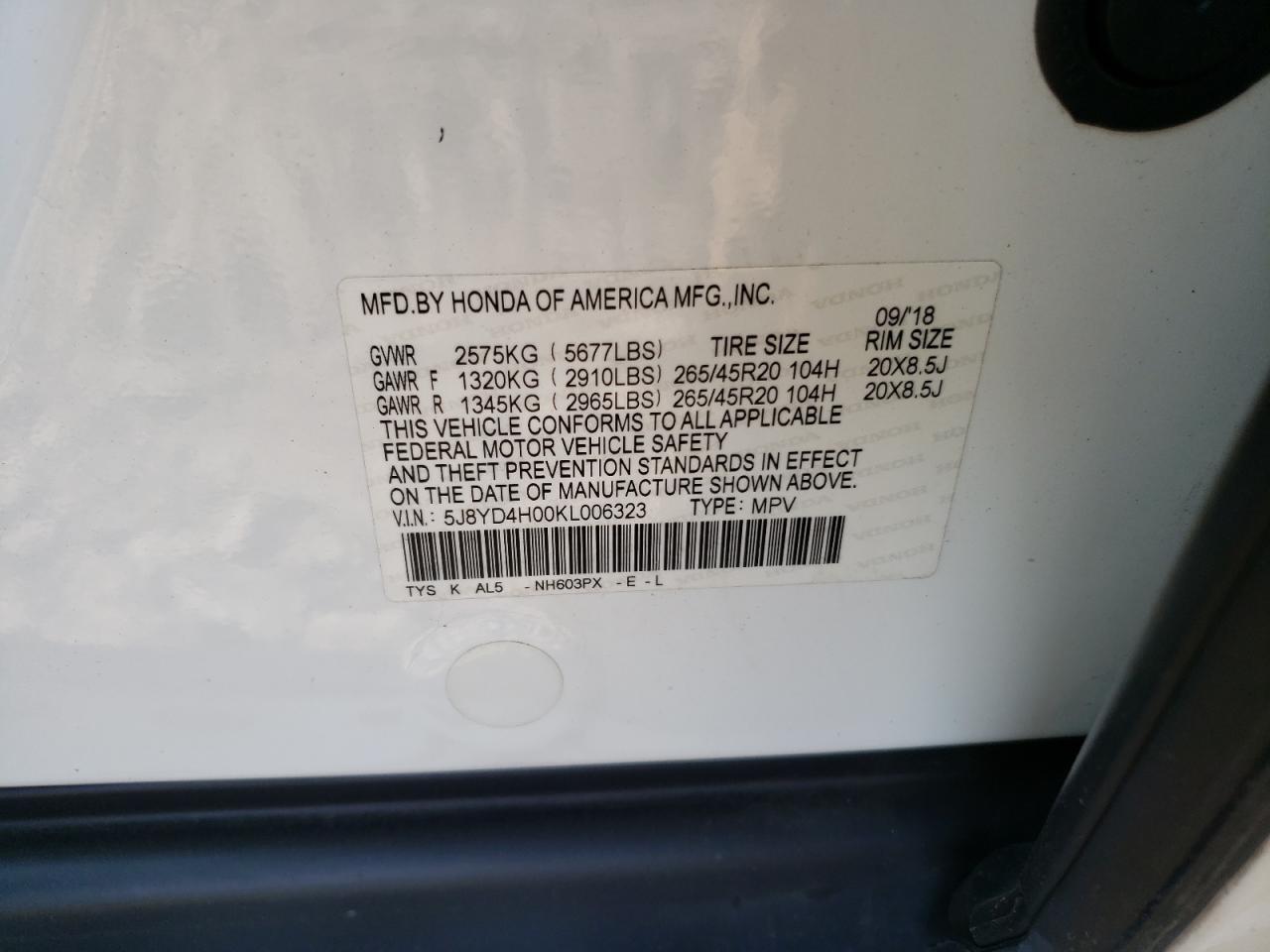 5J8YD4H00KL006323 2019 Acura Mdx A-Spec