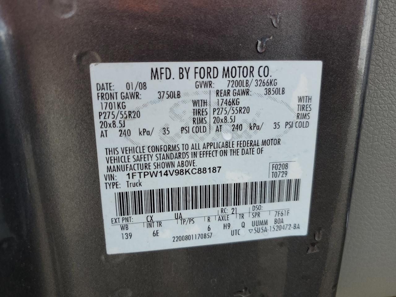 1FTPW14V98KC88187 2008 Ford F150 Supercrew