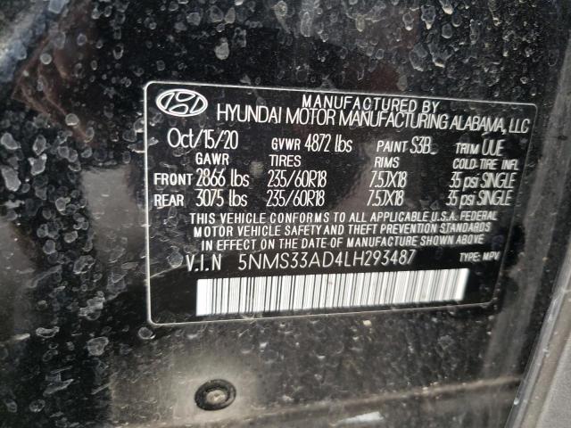 2020 Hyundai Santa Fe Sel VIN: 5NMS33AD4LH293487 Lot: 55911364
