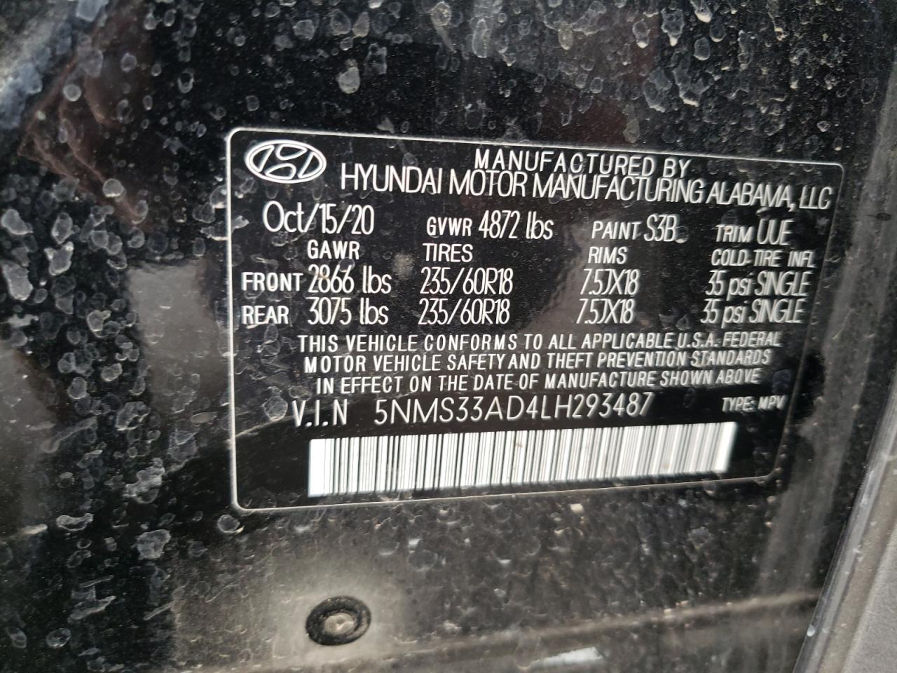 5NMS33AD4LH293487 2020 Hyundai Santa Fe Sel