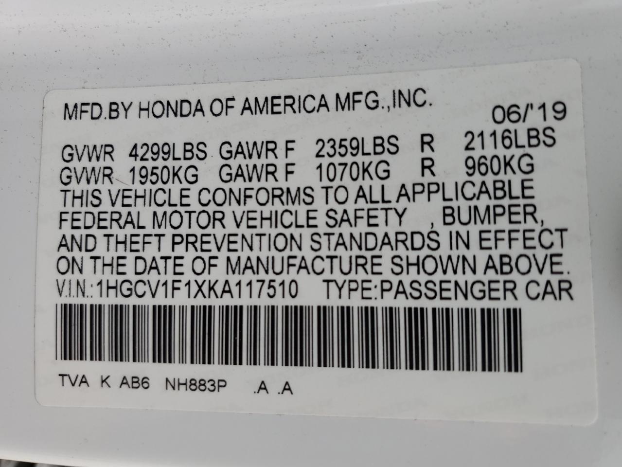 1HGCV1F1XKA117510 2019 Honda Accord Lx