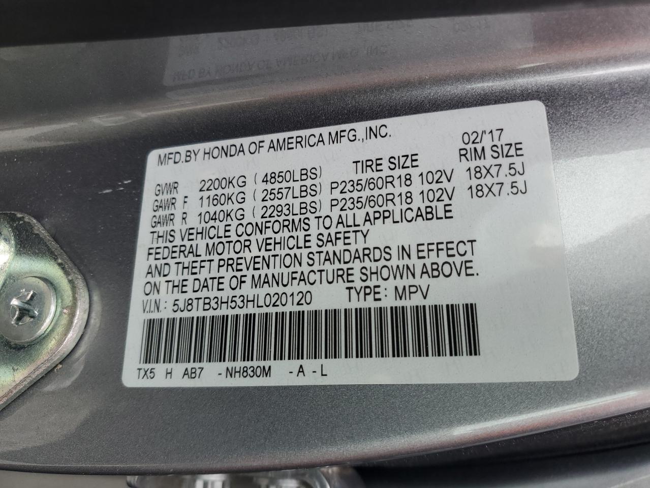 5J8TB3H53HL020120 2017 Acura Rdx Technology