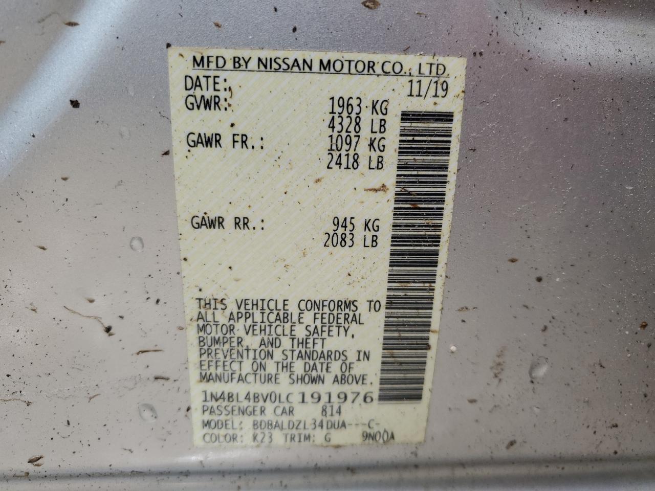 1N4BL4BV0LC191976 2020 Nissan Altima S