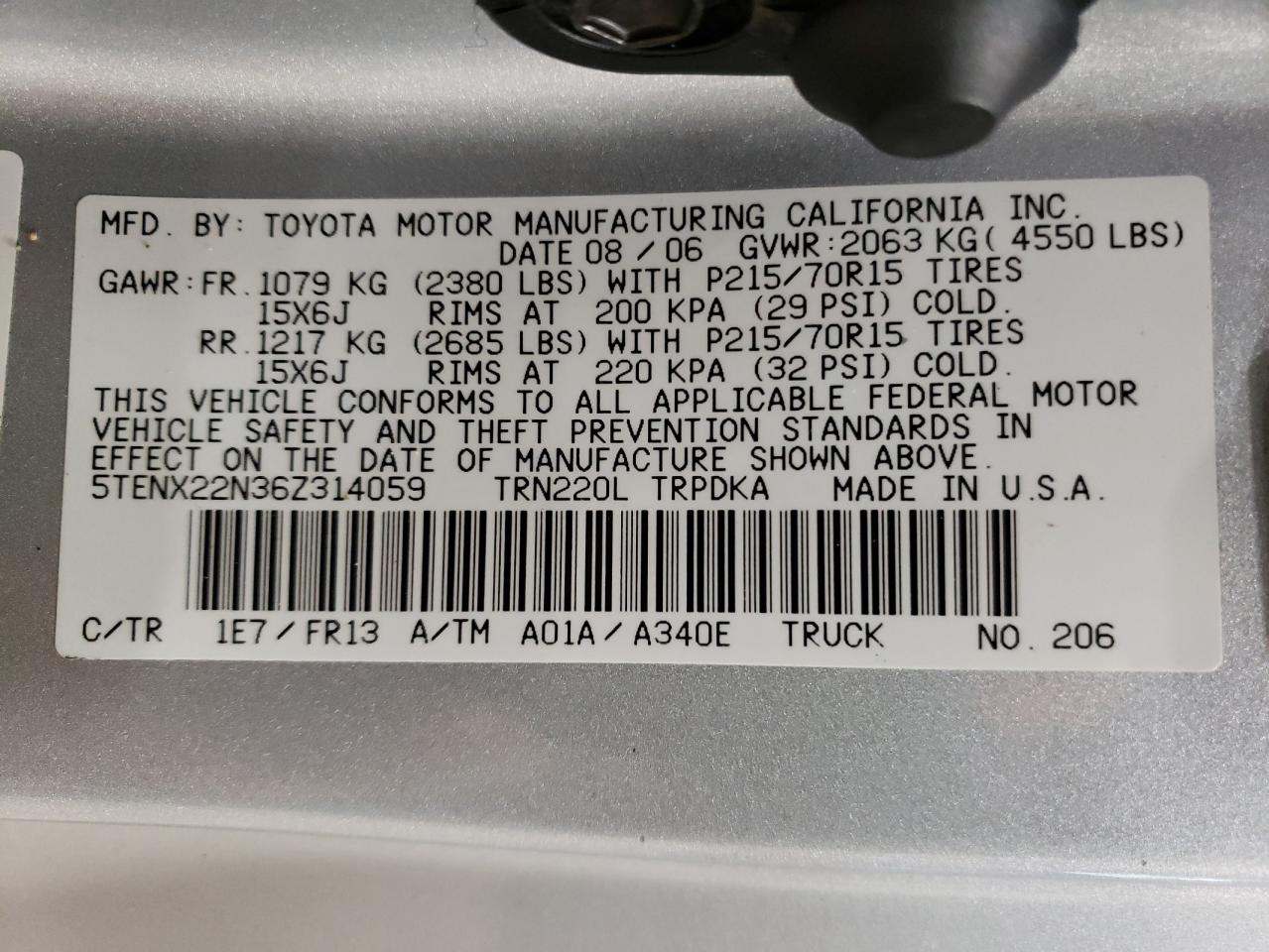 5TENX22N36Z314059 2006 Toyota Tacoma