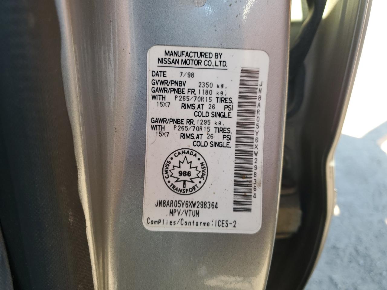 JN8AR05Y6XW298364 1999 Nissan Pathfinder Le