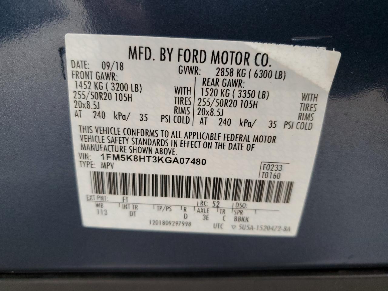 1FM5K8HT3KGA07480 2019 Ford Explorer Platinum