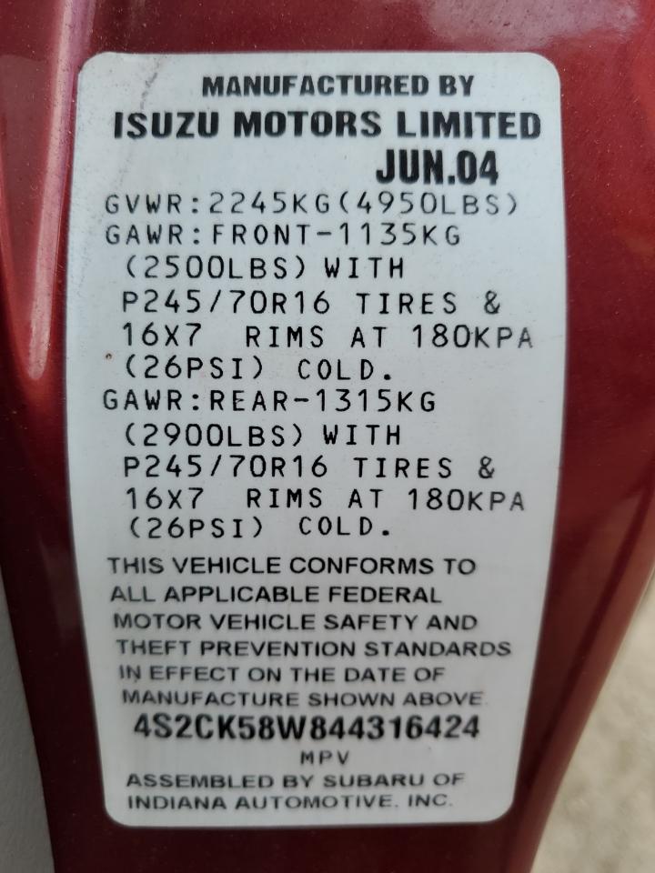 4S2CK58W844316424 2004 Isuzu Rodeo S