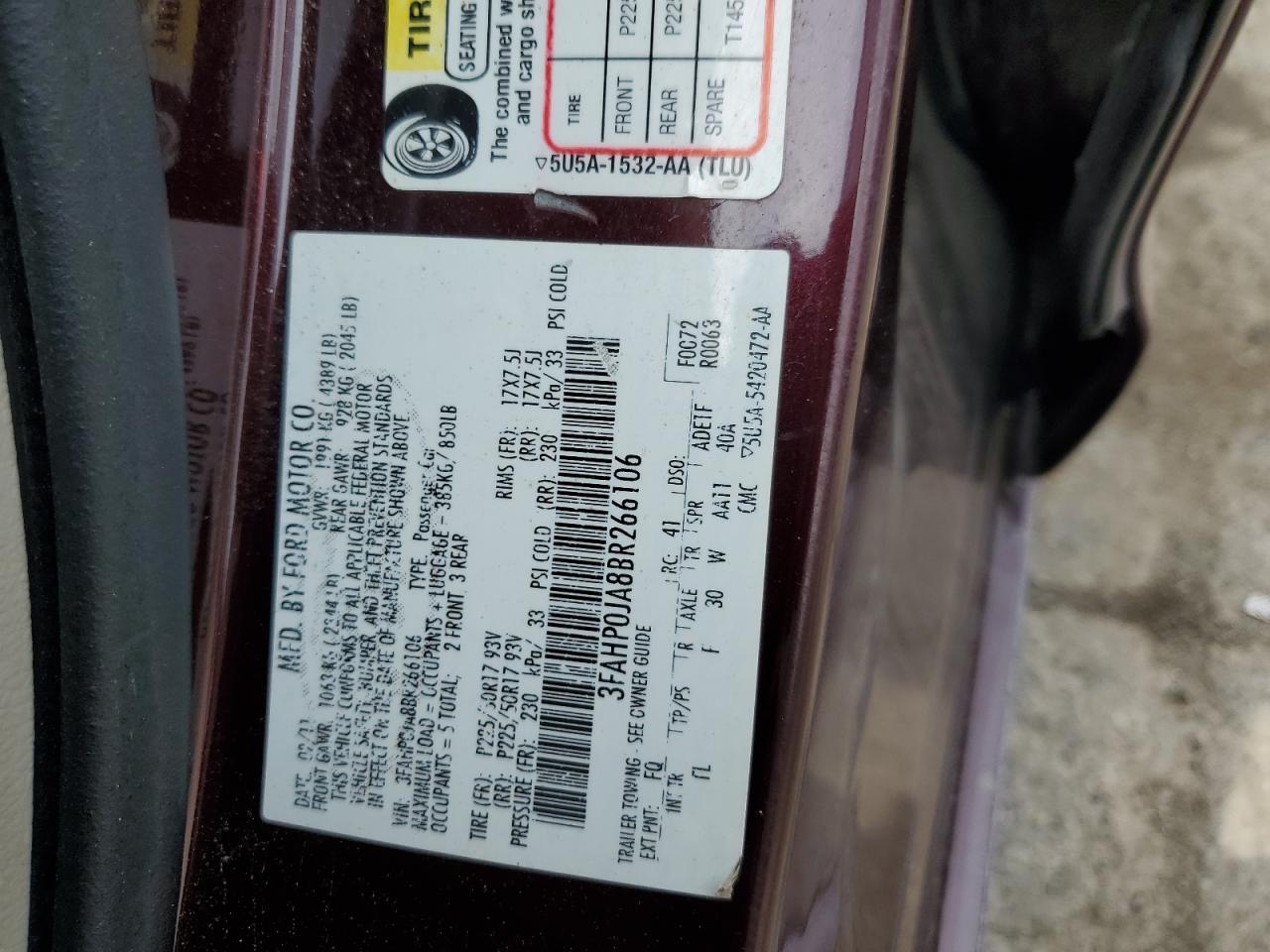 3FAHP0JA8BR266106 2011 Ford Fusion Sel