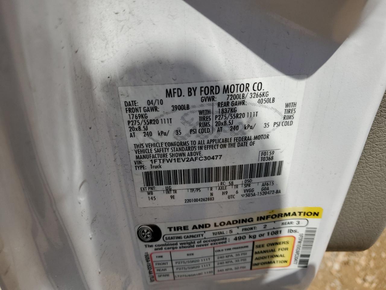 1FTFW1EV2AFC30477 2010 Ford F150 Supercrew