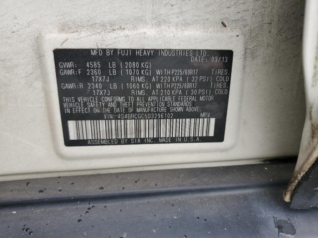 4S4BRCGC5D3296102 2013 Subaru Outback 2.5I Premium