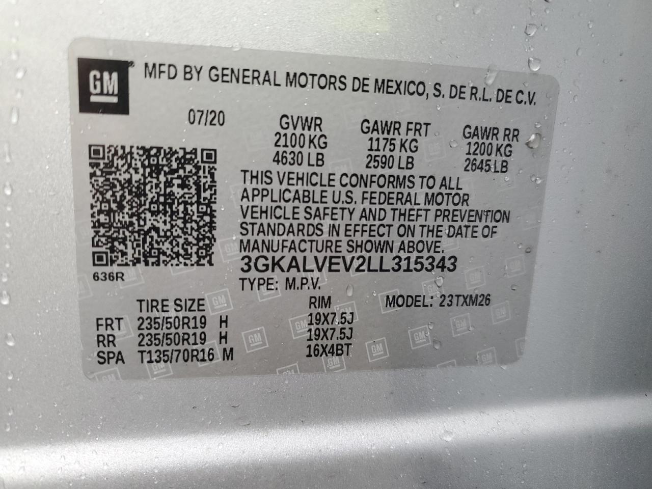 3GKALVEV2LL315343 2020 GMC Terrain Slt