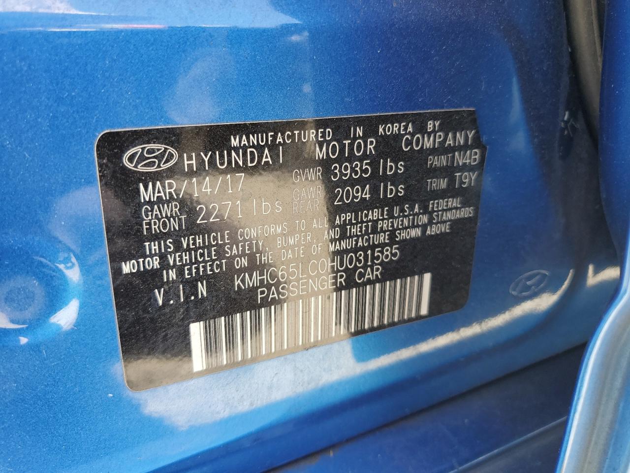 KMHC65LC0HU031585 2017 Hyundai Ioniq Blue