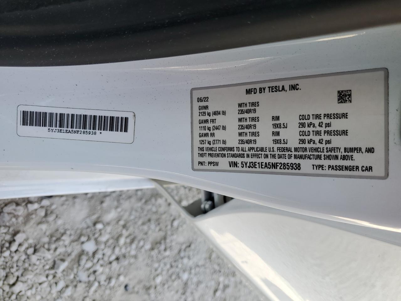 5YJ3E1EA5NF285938 2022 Tesla Model 3