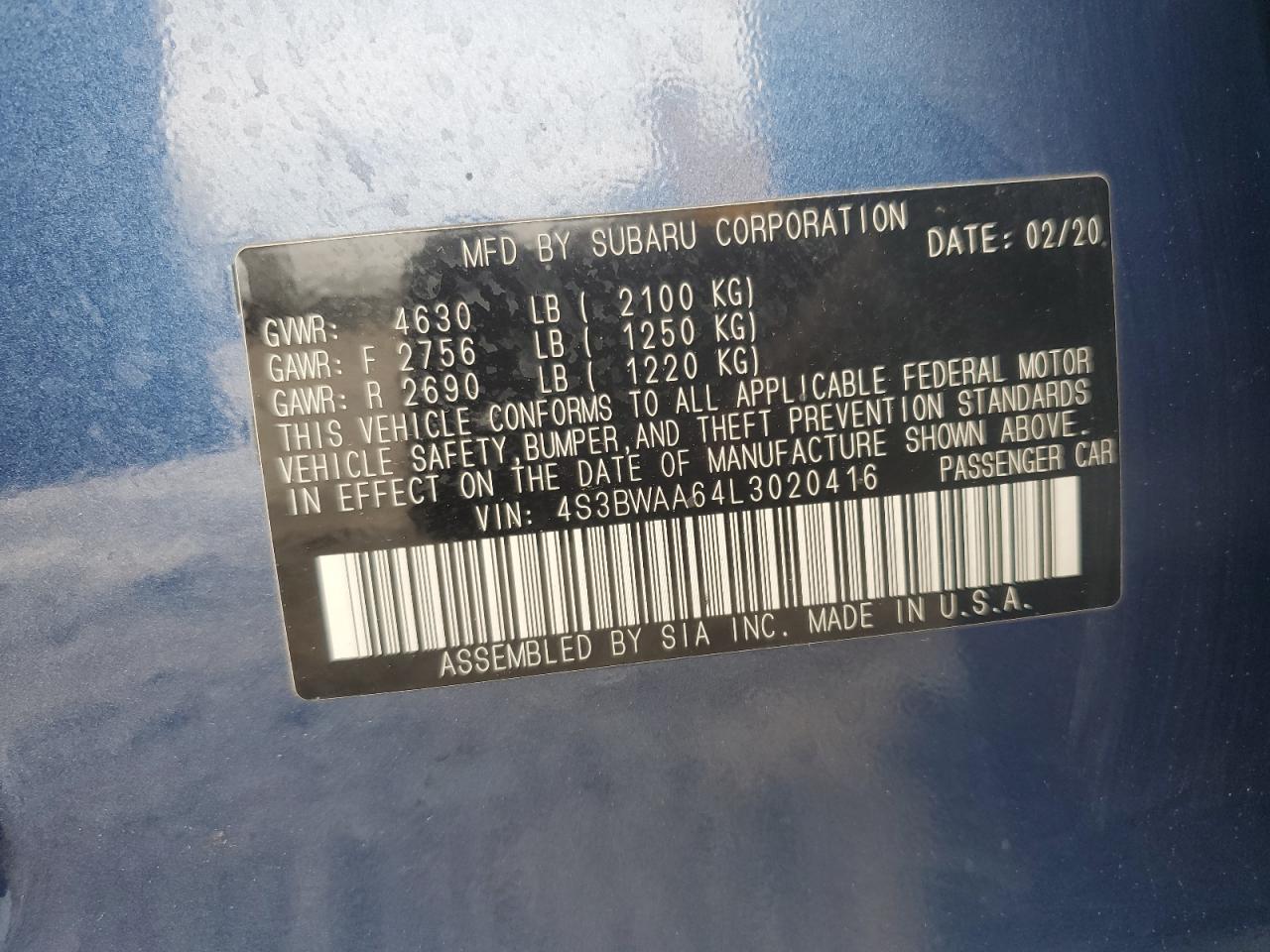 4S3BWAA64L3020416 2020 Subaru Legacy