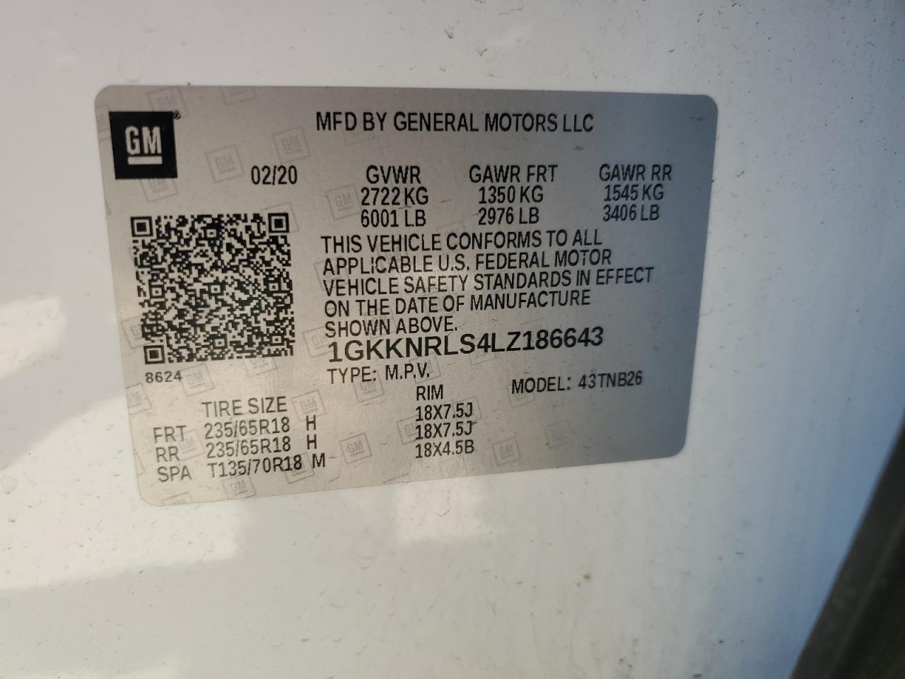 1GKKNRLS4LZ186643 2020 GMC Acadia Sle