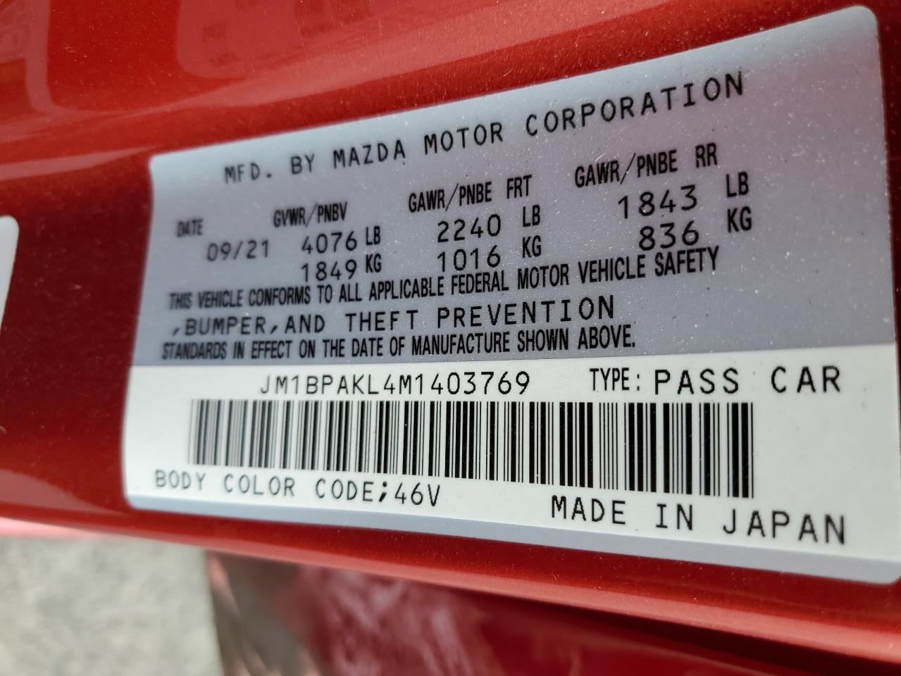 JM1BPAKL4M1403769 2021 Mazda 3 Select