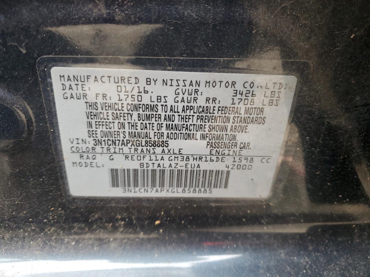 3N1CN7APXGL858885 2016 Nissan Versa S